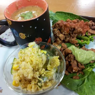 Chicken/Bacon Tacos with a side of calabacita &amp; millet and a cup of orange lentil soup (w. Spanish chorizo).