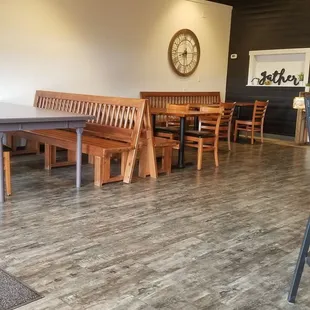 tables and benches in a restaurant