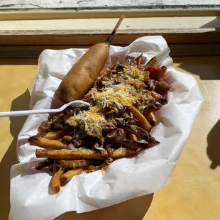 Chili fries and corn dog.