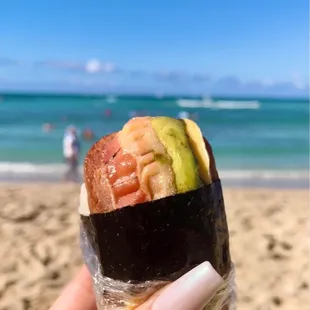 Avocado bacon egg spam musubi