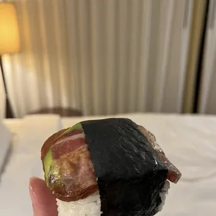 Spam and avocado musubi