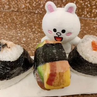 Kombu/salmon, bacon/egg/avocado, and mentaiko musubis