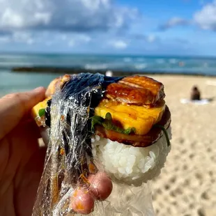 Eel, egg, and spam musubi