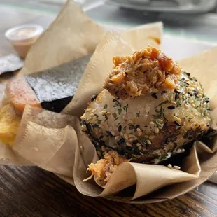 pan-fried spicy salmon miso onigiri