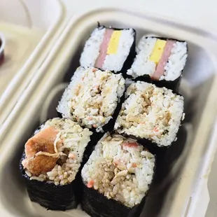 Spam, Crunchy Shrimp, and Miso Salmon Musubi ($3, $6, $7).