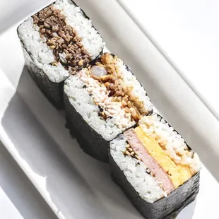 (Top to Bottom) Bulgogi BBQ Musubi, Crab Musubi, Spam Musubi.