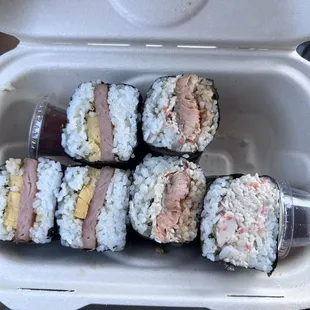 Spam, salmon and crab musubi