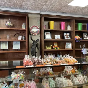a variety of sweets in a display case