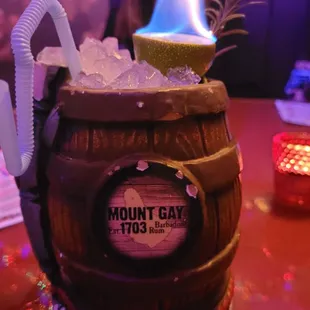 a wooden barrel filled with ice
