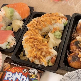 Rainbow sushi roll, spicy tuna crunch roll, takoyaki and snack!