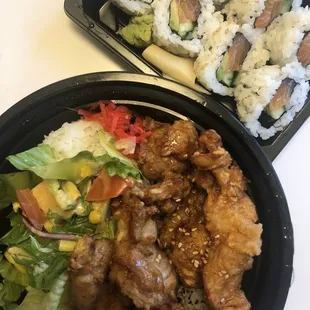 Karaage bowl and salmon/cucumber roll