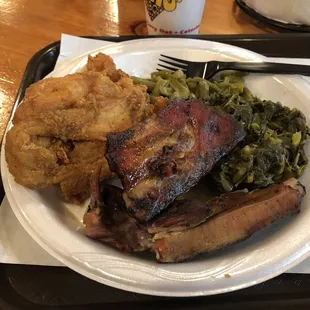 Ribs, fried chicken, fried shrimp, green beans and collard greens.