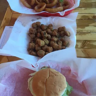Fried okra, poor boy and bacon cheeseburger!