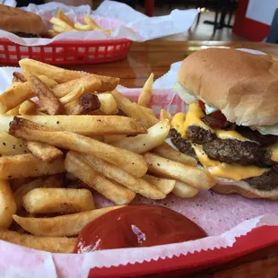 Bacon double cheese burger with crispy fries
