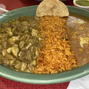 8&apos;21 Pork Chile Verde Combination - too many chunks of fat for my liking, but the homemade flour tortillas made it better