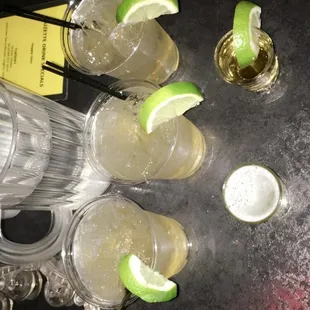 Our margaritas, my hairspray shot (sweet shot) and a shot of jose