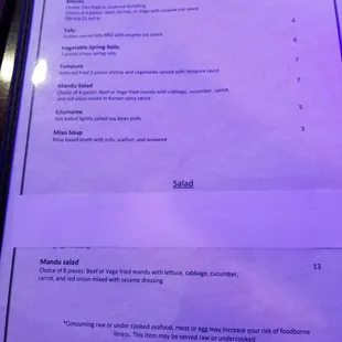 Menu with prices