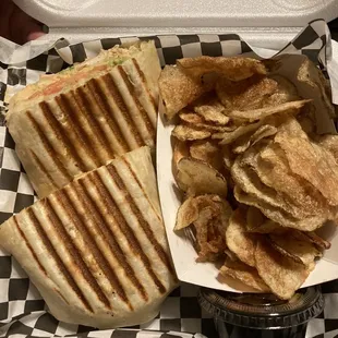 Italian Grill Chicken Panini and house made chips.