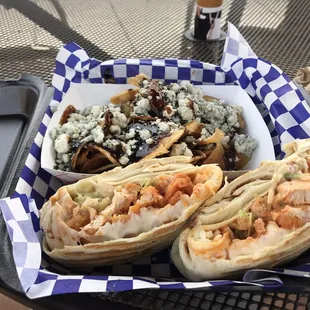 Buffalo chicken wrap and chip with balsamic and Gorgonzola.