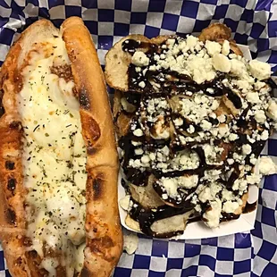 Meatball sub with potato chips drizzled with balsamic and gorgonzola cheese