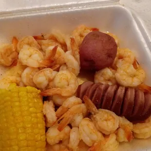 Shrimp Boil with corn potato and sausage. This has no butter cooked in it.