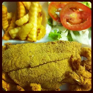 Catfish, shrimp, salad and fries