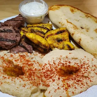 Chicken n Steak Combo with Babaghanoush and Hummus.