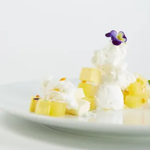 &quot;Coconut Cake&quot; - Coconut Chiffon Cake, Kaffir Lime Pudding, Hawaiian Crown Pineapple, Haupia Sorbet, Coconut Snow