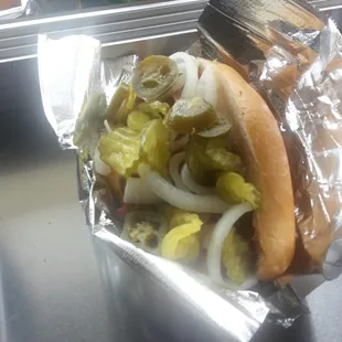 The brisket in a bun with the works
