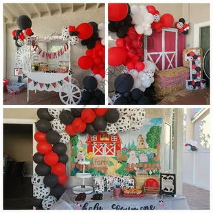 Holstein, Red, and Black organic balloon garland. Photo booth.  First birthday party.  Red barn theme first birthday.