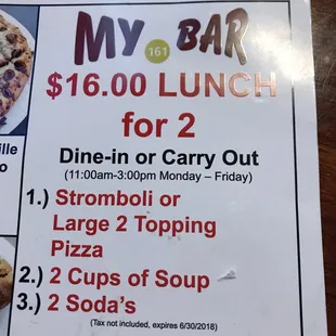 a menu for lunch