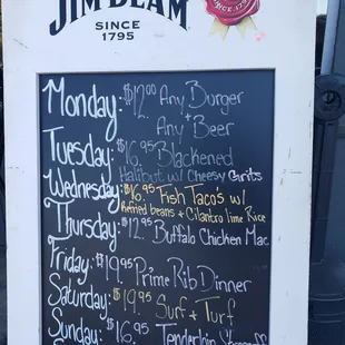 Weekly Special Board. Monday great deal... ANY BURGER and ANY BEER $12 on Monday
