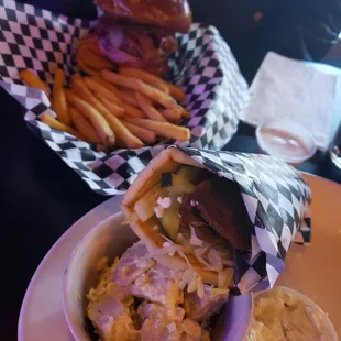 Peanut butter bacon burger with yummy fries and Gyro with potato salad ($1 upcharge)