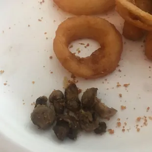 This is what 8 breaded mushrooms without breading look like from My Big Fat Greek. Maybe larger than a quarter in total.