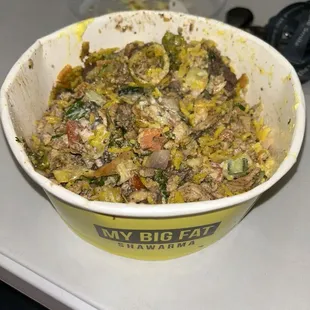 BYO Bowl w/ Chicken, rice, cucumbers, tomatoes, banana peppers, lettuce, onions,