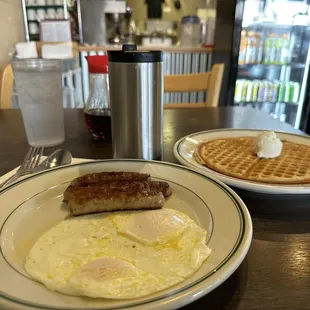 Waffle. Two eggs over. Substituted the 4 slices of bacon for the link sausage. Solid breakfast