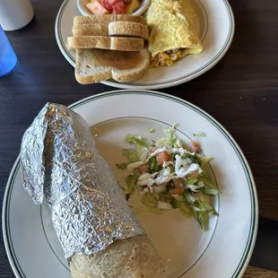 Top: omelette; bottom: breakfast burrito
