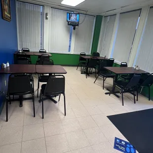 tables and chairs in a conference room