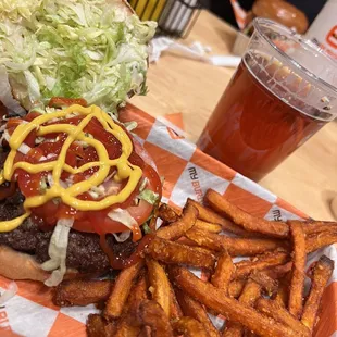 2 patty burger with sweet potato fries