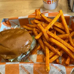 Teriyaki mushroom burger and sweet potato fries