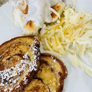 Cinnamon Roll French Toast, Hashbrowns and Biscuits &amp; Gravy