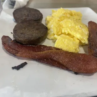 Sausage, bacon and scrambled eggs