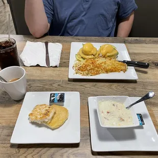 Smoky Grits w/ a biscuit. Avocado Benedict with the Chipotle sauce, sauce is a substitute from the regular Hollandaise sauce.