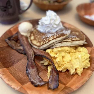 Early Bird special with pancakes, bacon and scrambled eggs