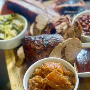 Turkey Leg Yams Mac n Cheese Greens n Cabbage Potato Salad Full Slab of Beef Ribs BBQ Baked Beans Chicken Hot Link Dinner BBQ Chicken Dinner