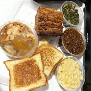 Sides - Greens and cabbage, BBQ baked beans, mac and cheese, fried corn bread, (2) Texas toast, and peach cobbler.