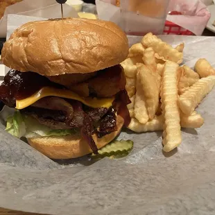 western bbq burger with fries
