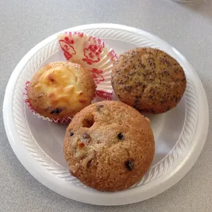 Mini muffin left to right blueberry cheesecake, snickers , lemon poppy ALL delicious