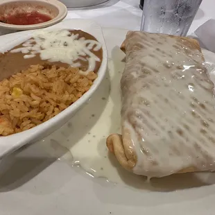 Steak chimichanga with rice and beans