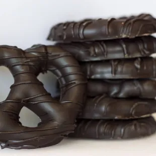 a stack of chocolate pretzels